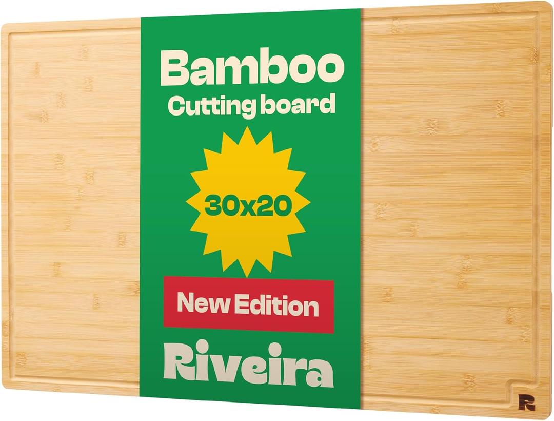 Riveira Wood Cutting Board  Gourmet Bamboo Grandeur: 30 x 20 Cutting Boards For Kitchen  Natural Wooden Cutting Boards For Kitchen  Innovative Juice Grooves Bamboo Cutting Board