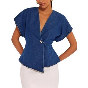 Floerns Women's Asymmetrical Denim Blouses Button Dolman Sleeve Wrap V Neck Jeans Tops