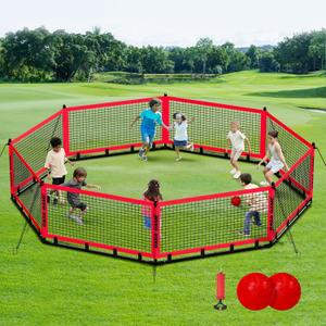 Gaga Ball Pit for Kids, Portable Gagaball Court 15ft Equipped with Carry Bag, 2 Gaga Balls, Wind Ropes and Ground Spikes for Sport Games and Indoor & Outdoor Activities (Red)