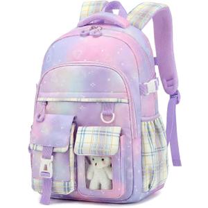 PRLINJSK Girls BackpackCute School Backpack for Girls Kids TeensKawaii Bookbag for Primary Elementary (Diamond Purple)