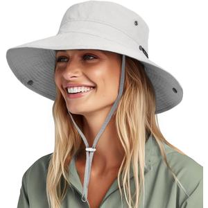 FURTALK Sun Hats for Women Ponytail UPF 80+ Beach Summer Hat Wide Brim Packable Cowboy Hat (One Size, Light Grey)