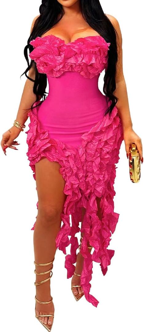 IyMoo Women Sexy Strapless Ruffle Bodycon Dress Solid Color Fringe Slim Party Cocktail Bandage Dresses (Large, Rose Red)