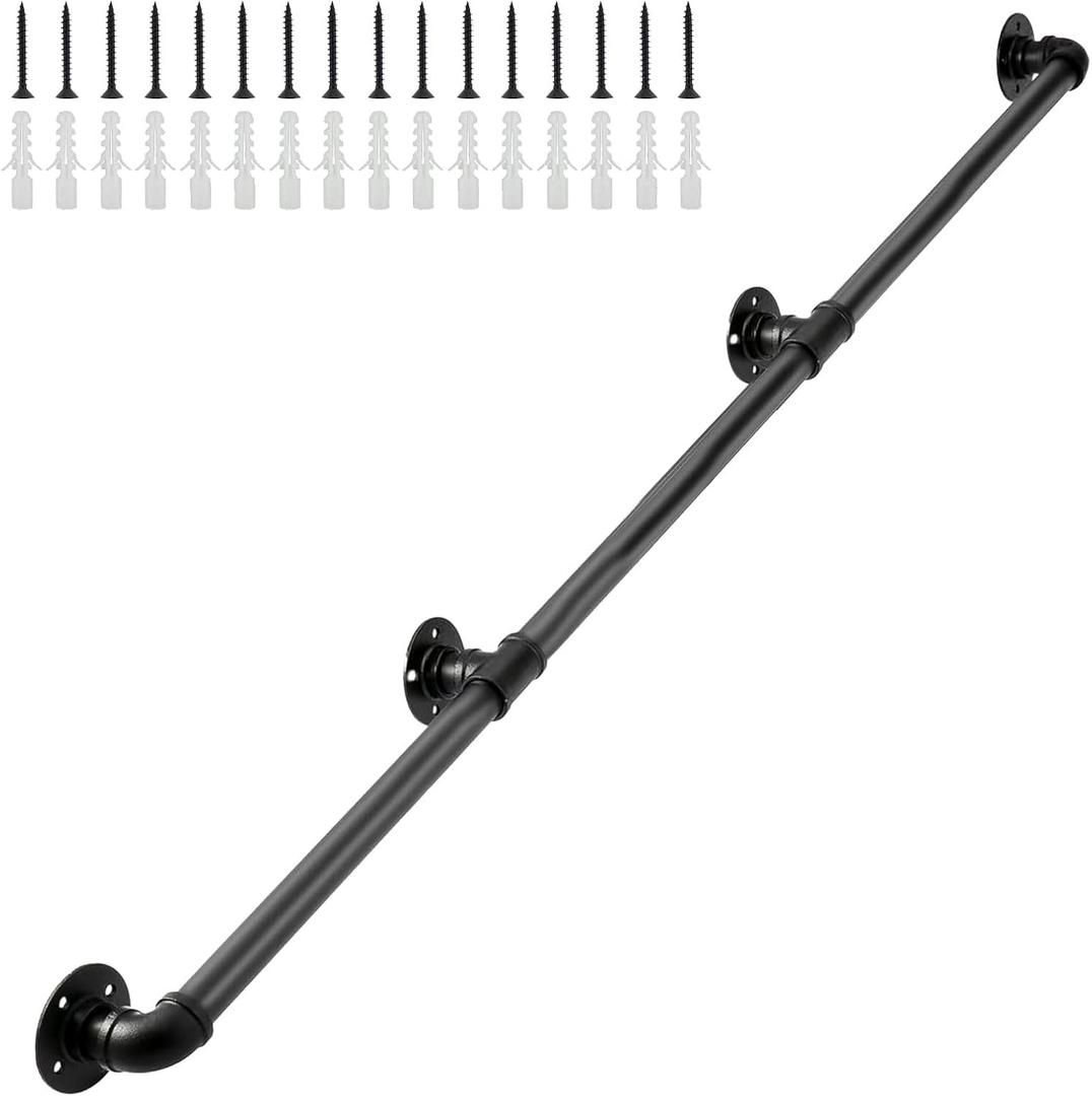 Pipe Handrails for Indoor Stairs9FT Metal Staircase Handrail, Black Galvanized Industrial Iron Hand Rail for Indoor & Outdoor Wall Mount Support, Wall Hand Railing,Safety Handle, Steps Baluster