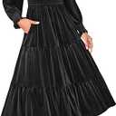 Women's Velvet Long Sleeve Dresses 2026 Winter Square Neck Smocked Ruffle A Line Flowy Cocktail Party Midi Dress(L)