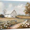 Farmhouse Barn Canvas Wall Art Rustic Farm Nature landscape Decor Pictures Retro Flower Field Meadow Barn Windmill Posters Prints for Home Decoration Bathroom Bedroom Living Room Decoration (16"L x 12"W)