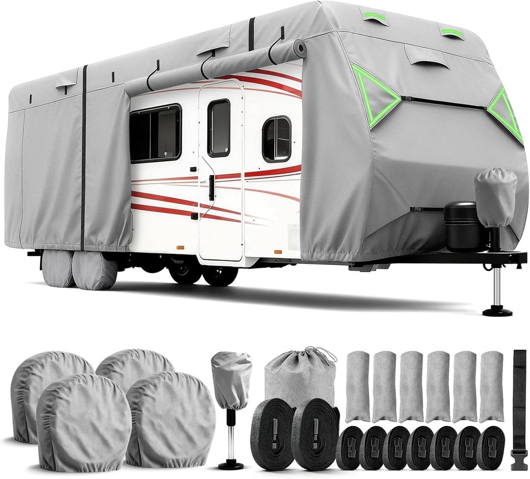 RV Cover, 7 Layers Waterproof Camper Cover with Tongue Jack Cover, Windproof Travel Trailer Cover with Gutter Cover, Fit for 24-27ft (Grey)