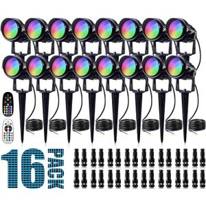 SUNVIE Christmas RGB Low Voltage Landscape Lights 12W LED Color Changing Landscape Lights Remote Control Waterproof Spotlights Outdoor Landscape Lighting for Yard Garden 16 Pack with Connector