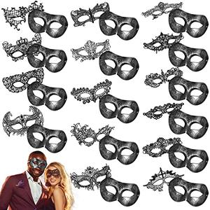 Liliful 30 Pcs Masquerade Mask for Couple Black Lace Mask Antique Mardi Gras Venetian Eyemask for Men Women Carnival Cosplay Party Wedding Party Costume Ball