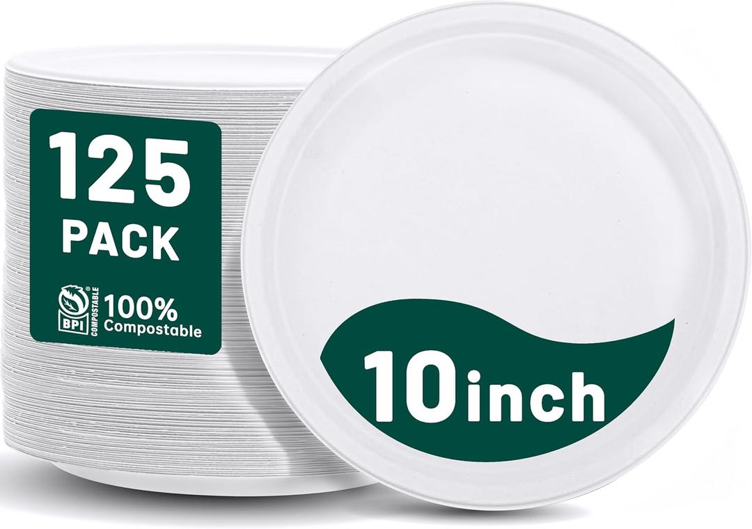 DaYammi 100% Compostable Paper Plates 10 Inch, 125-Pack Heavy Duty Paper Plates Bulk,Biodegradable Bagasse,Eco-Friendly Disposable Dinner Plate for BBQ,Picnic,Party (BPI Certified,Microwaveable)