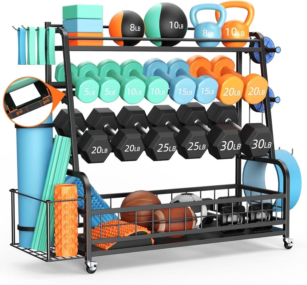 Dumbbell Rack Weight Stand - 4-Tier Adjustable Weight Rack for Dumbbells, Home Gym Storage Rack for Yoga Mat Foam Roller Kettlebells, Workout Equipment Storage Organizer With Wheels and Hooks (X-Large)