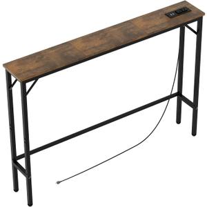 Aduanbang 5.9" Console Table with Outlet – Narrow Sofa Table, Behind Couch Table for Living Room & Hallway, 5.9" x 39.4" x 30", Metal Frame, Rustic Brown