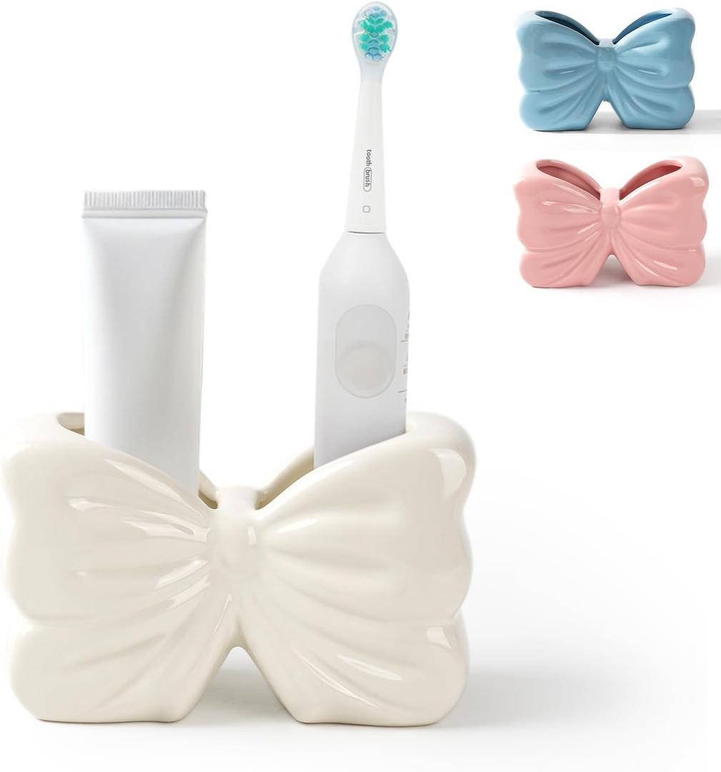 Bow Toothbrush Holder  2-Slot Toothbrush and Toothpaste Holder Cute Toothbrush Holder Set, Bathroom Counter Organizer for Bathrooms Electric Toothbrushes, Floss, Razors - White
