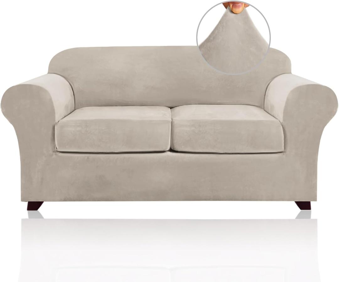 PrinceDeco Velvet Couch Cover Loveseat Covers for 2 Cushion Couch 3 Piece Sofa Covers for Dogs Washable Loveseat Covers Width Up to 72 Inch No Slip Stretch Sofa Slipcover(Medium, French Oak)