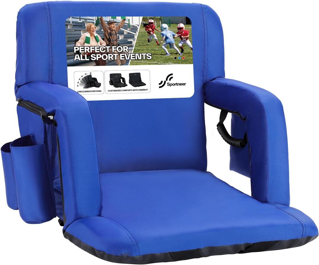 Sportneer Stadium Seats with Back Support: 2.5'' Thick Comfy Cushion 6 Adjustable Angle Bleacher Seat with Armrest - 2 Large Pockets, 2 Cup Holders Stadium Chair for Sport Events Concerts Parks (Non-Heated, Regular - 20.5", Blue)