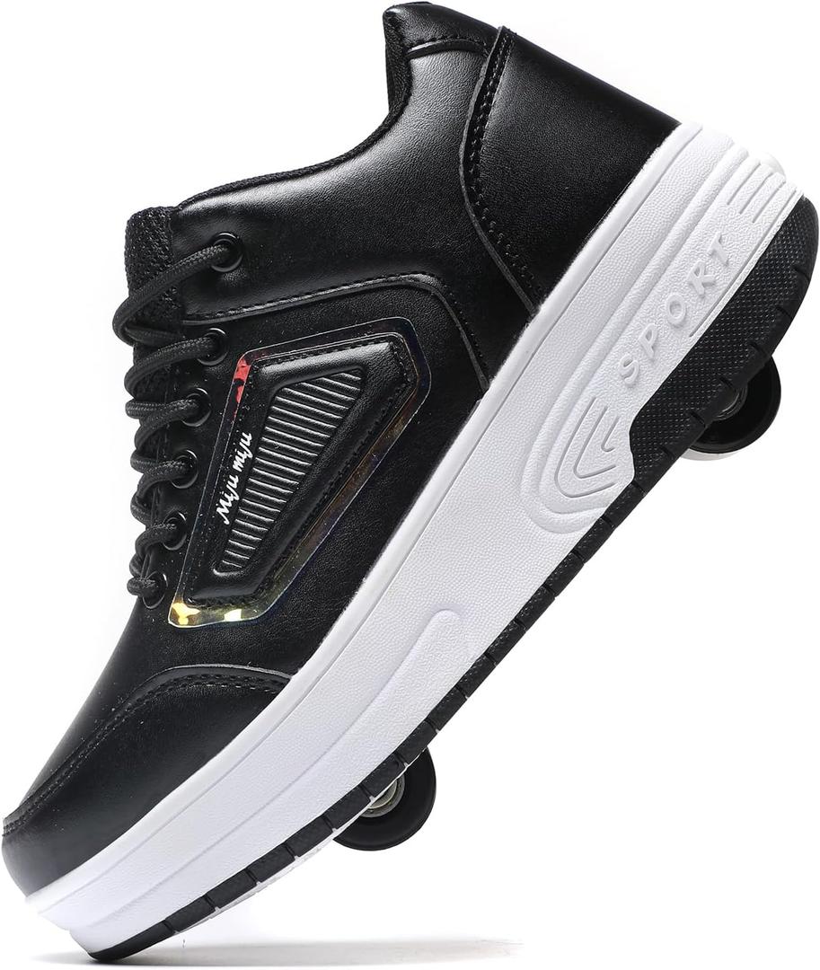 Happy Roller Roller Skate Shoes for Kids Girls & Boys, Shoes with Wheels for Ages 6-12, 2-in-1 Easy Roller Retractable Wheelies Moon Shoes for Little Kids/Big Kids (Black) 1 Little Kid