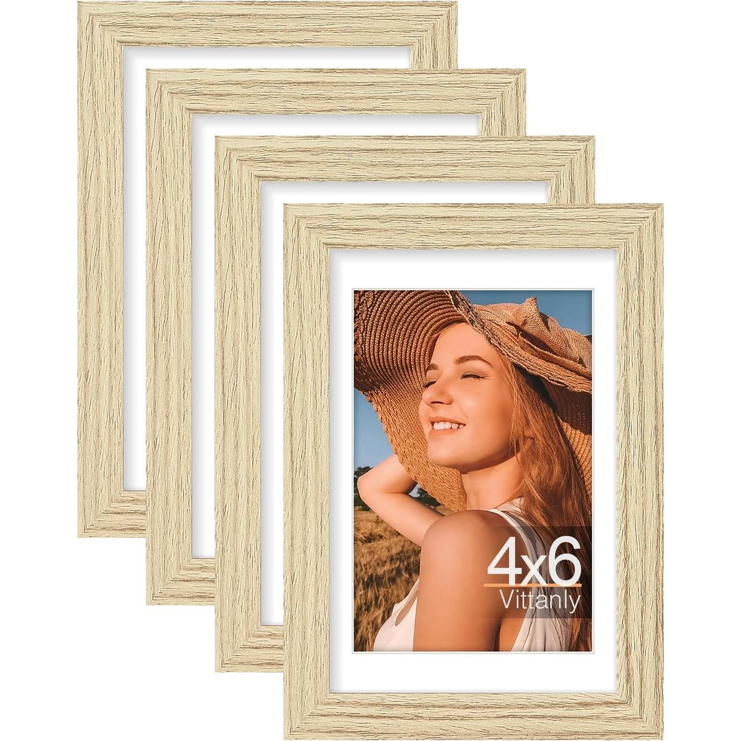 Vittanly 5x7 Picture Frame Set of 4, Display Pictures 4x6 with Mat or 5x7 without Mat, Small Photo Frames for Wall or Tabletop Display, Engineered Wood with Shatter Resistant Plexiglass, Natural