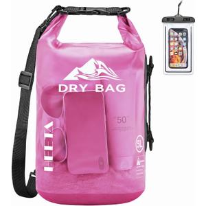 HEETA Dry Bag Waterproof for Women Men, 5L Roll Top Lightweight Dry Storage Bag Backpack with Phone Case for Travel, Swimming, Boating, Kayaking, Camping & Beach, 11 Transparent Colors (Rose Red)