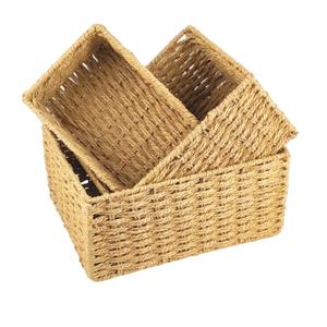 Woven Storage Baskets for Organizing, Set of 3 Natural Paper Rope Decorative Baskets, Rectangular Wicker Nesting Baskets for Shelves, Bathroom, Pantry, Closet, Kitchen, and Living Room (Natural Beige)