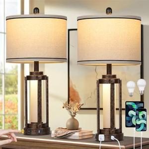 26" Farmhouse Table Lamps Set of 2, Vintage Rustic Industrial Beside Lamps with USB A+C Charging Ports & AC Outlet, Nightstand Lamp with Glass Night Light & Linen Fabric Shade for Living Room Bedrooms