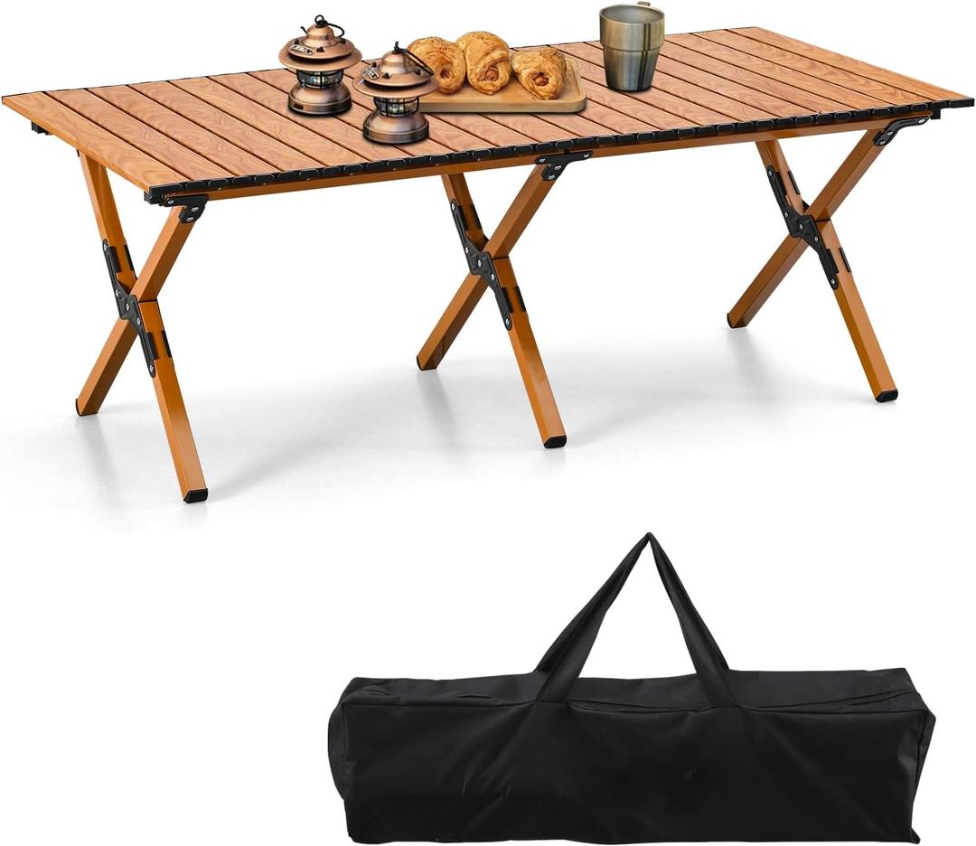 BOOSDEN Portable Folding Camping Table, Outdoor Low Picnic Table, Aluminum Roll-up Camping Table with Carry Bag, Lightweight Foldable Camp Table for Beach,Party, Patio, BBQ, Travel, Backyard (Original Wood)