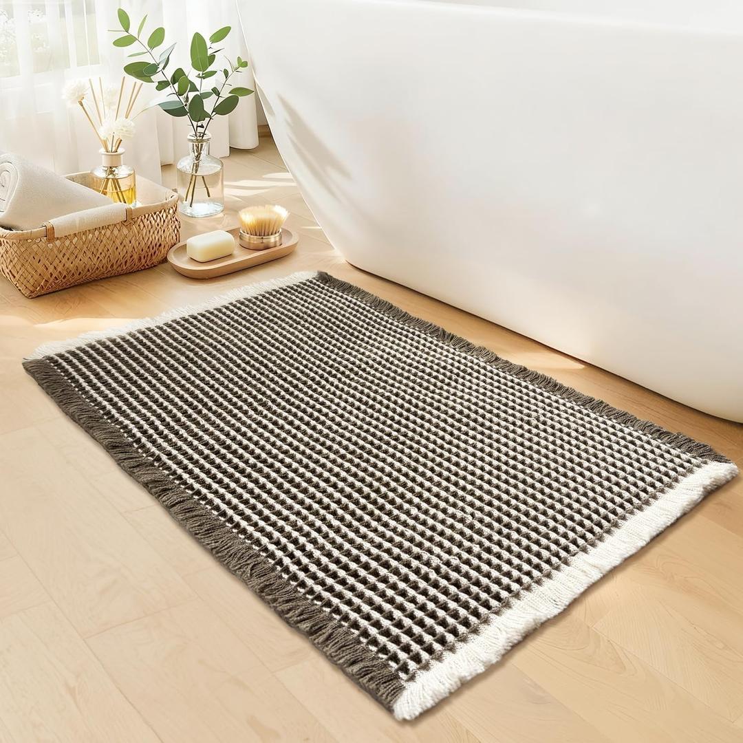 Waffle Bath Mat - Boho Bathroom Rugs Non Slip Washable, Super Absorbent & Quick Dry, Small Bath Mats Farmhouse Bathroom Decor, 18'' x 30'', Olive Green and White