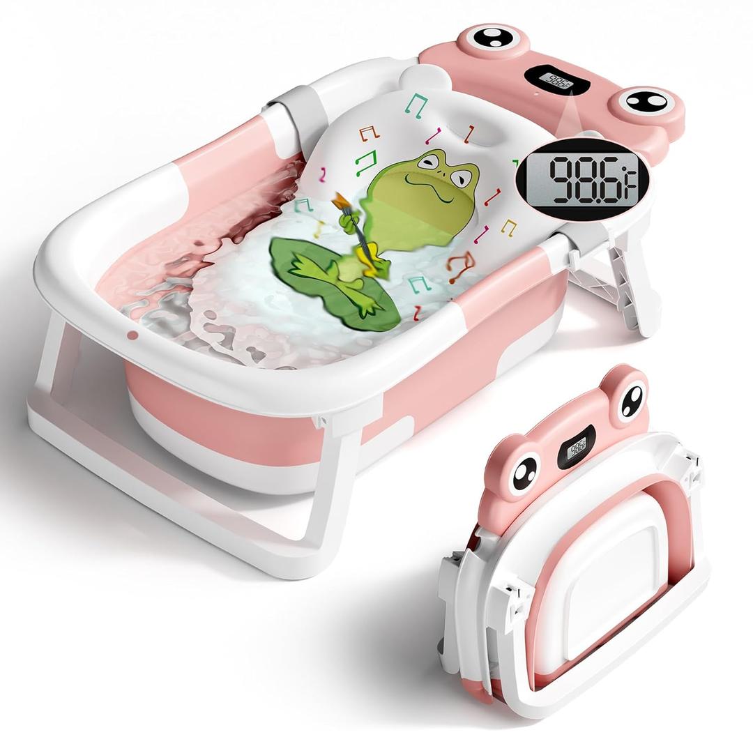 BUNWAG Baby Bathtub, Collapsible Newborn Bathtub for Infant to Toddler with Soft Cushion and Thermometer, Portable Travel Newborn Tub with No-Slip Feet, Baby Shower Gifts, 0-12 Months Baby Bath, Pink