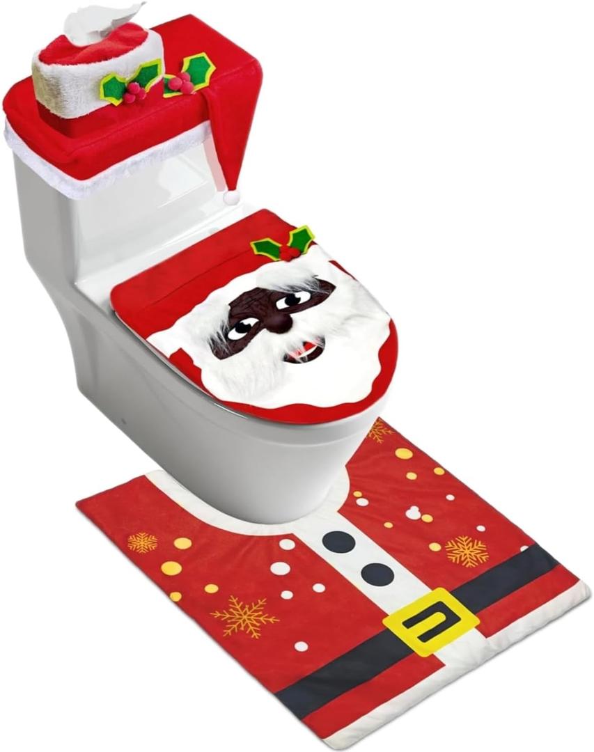 4 Pcs Black Santa Christmas Toilet Seat Cover Set, African American Bathroom Decoration Set with Toilet Seat Cover, Non Slip Bathroom Rugs, Tank Cover, Tissue Box Cover for Bathroom Indoor Decor