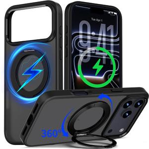 for iPhone 17 Pro Max Case Ultra-Magnetic 360 Spin Stand [Military Drop Protection] [Compatible with MagSafe] Shockproof Translucent Matte Slim Ring for iPhone 17 Pro Max Phone Case, Black