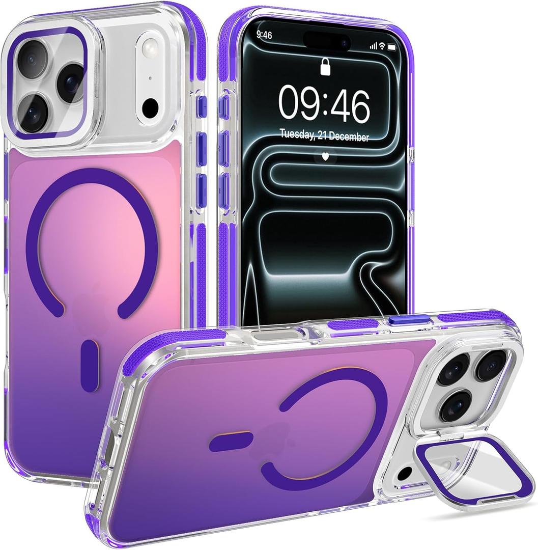 Cute Case for iPhone 17 Pro Max Case with Camera Lens Protector Stand for Women Girls Men [Compatible with Magsafe] Aesthetic Glitter Sparkly Bling Magnetic Phone Cover, Iridescent Purple