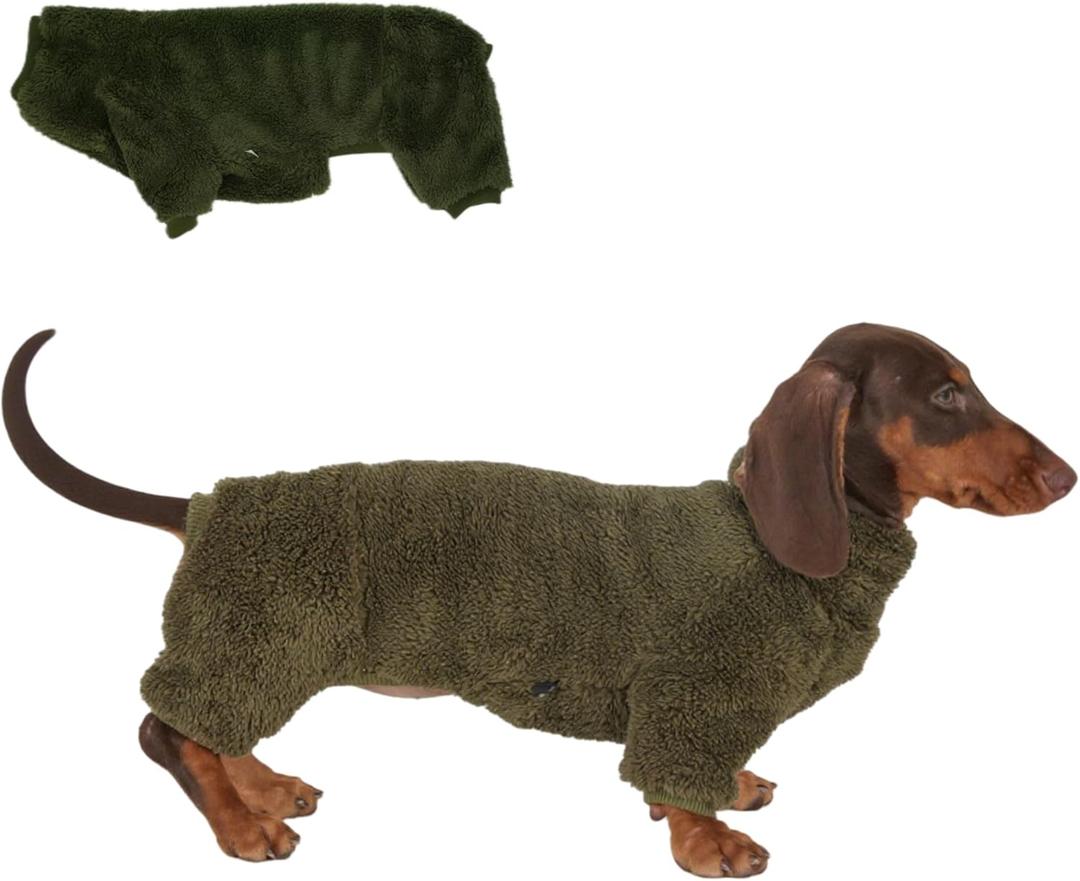 Dachshund Dog Fleece Jumpsuit Turtleneck Sweater, Suitable for Dachshunds, Winter Soft Cozy Dog Pajamas Clothes (Dark Green, Small)