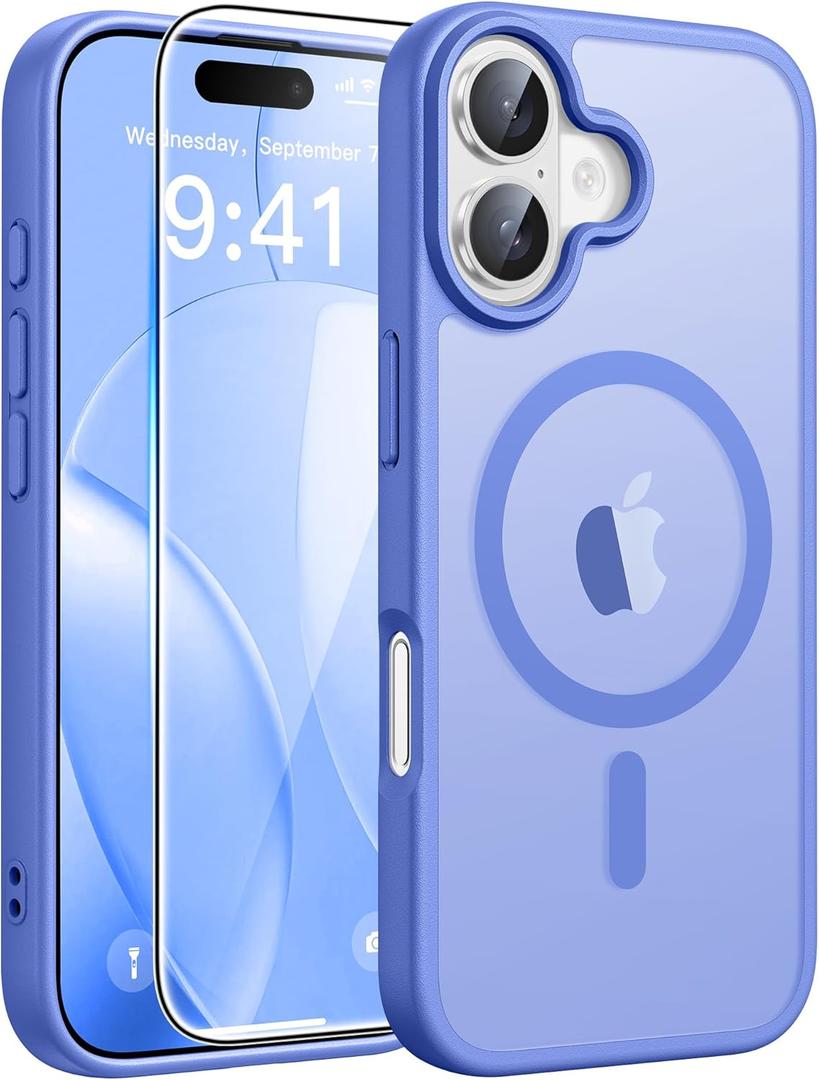 FNTCASE for iPhone 16 Case [Compatible with Magsafe] Translucent Matte Cases with [Screen Protector] Military Grade Shockproof Protective Phone Cover - Ultramarine