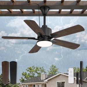 Fanbulous 42" Outdoor Ceiling Fans with Light for Patios, IP65 Waterproof Gazebo Fan, Plug in Ceiling Fan with Remote, 3CCT 6-Speed Black Ceiling Fan with Hanging Hook for Porch, Pergola,Canopy