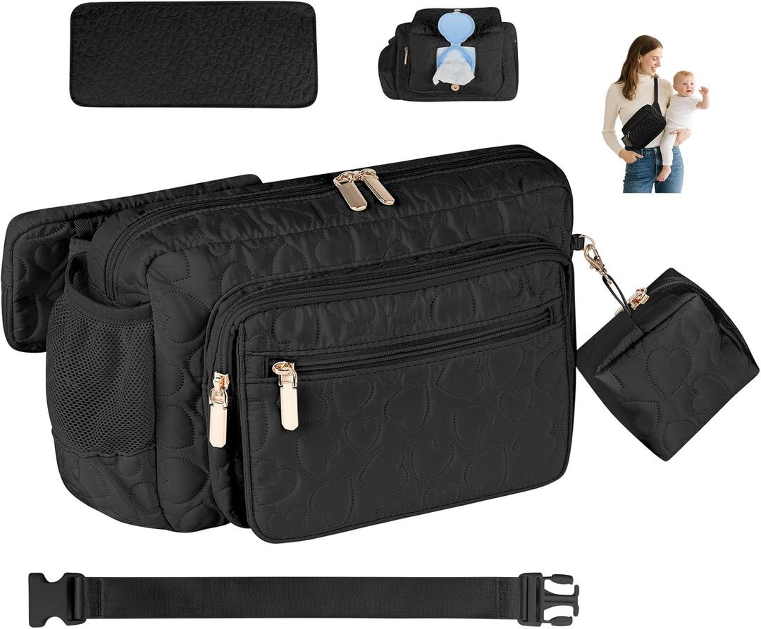Rexmore Puffer Quilted Fanny Pack Diaper Bag for Mom - Womens Compact Crossbody Purse with Portable Changing Pad & Wipes Pouch, Travel & Quick Errand Baby Essentials Organizer(Black)
