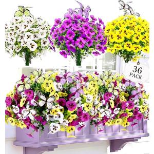 Geegoods Extra Full 36 Stems Artificial Pansies Flowers for Outdoor with 6 Pcs Butterflies, UV Resistant Faux Flowers for Hanging Baskets Window Box Porch Garden Summer Decor