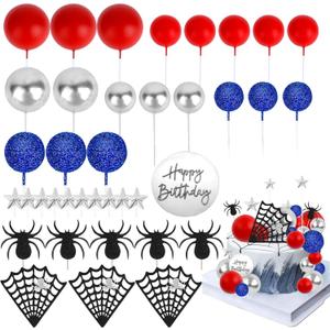 Jaciya Spider Birthday Cake Decorations Kit - 37Pcs Happy Birthday Cake Toppers Red Silver Blue Cake Balls Decorations