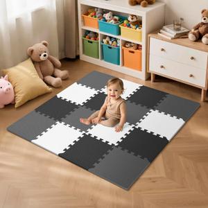 16 Pcs Baby Play Mat for Floor, EVA Foam Baby Play Mat with 0.6 Inch Thick Interlocking Carpet Tiles, Foam Floor Tiles for Babies 6-12 Months, Toddlers and Kids, Grey-White-Black