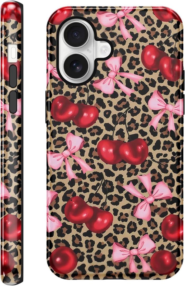 Case Compatible with for iPhone 17 6.3'', Cute Cherry Pink Bow Vintage Leopard Pattern Phone Case, Aesthetic Scratch Resistant Cover Shockproof 2 in 1 Silicone + Hard PC Design for Girls Women Men