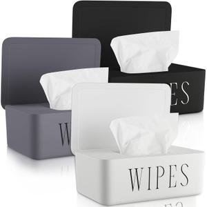3 Pack Baby Wipes Dispenser Holder Wipe Container for Bathroom with Lid Toilet Tissue Paper Storage Refillable Box for Home Office Cars(Small, Black, White, Gray)