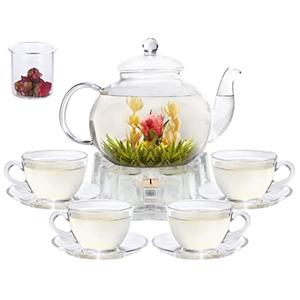 GURUDAR Glass Teapot Set, 40OZ/1200ml Stovetop Safe Glass Tea Kettle with Removable Infuser & Tea Warmer, Tea Cups and Saucers Set of 4, Blooming Tea & Loose Leaf Tea Maker Set for Women