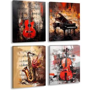 Framed Vintage Music Themed Wall Art Canvas, Guitar, Piano, Saxophone, Violin Prints for Bedroom Home Decor, Set of 4-8x10 Inch