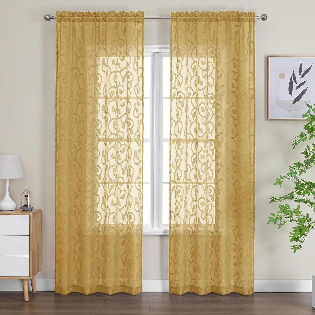 OWENIE Furman Gold Sheer Curtains 96 inches Extra Long for Bedroom Living Room 2 Panels Set, Light Filtering Soft Solid Semi Sheer Farmhouse Jacquard Curtains, Top Dual Rod Pocket Design, 40Wx96L inch