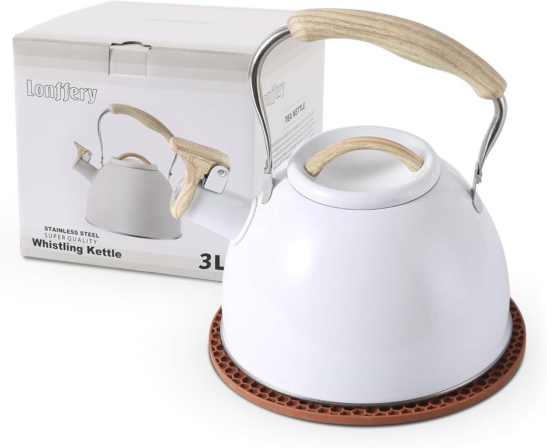 LONFFERY Tea Kettle for Stove Top, 3.2 Quart Whistling Tea Kettle, Food Grade Stainless Steel and Wood Pattern Folding Handle, White