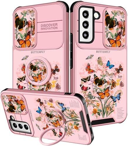 Funermei for Samsung Galaxy S22 Case - Women Girls Cute Cover Butterfly Girly Pretty Aesthetic Fashion Design with Camera Cover Ring Stand Teens Funda for Galaxy S22 Phone Cases