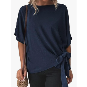 CORIRESHA Women's Batwing Sleeve Knot Side Tie Round Neck Loose Blouse Shirt Top, L