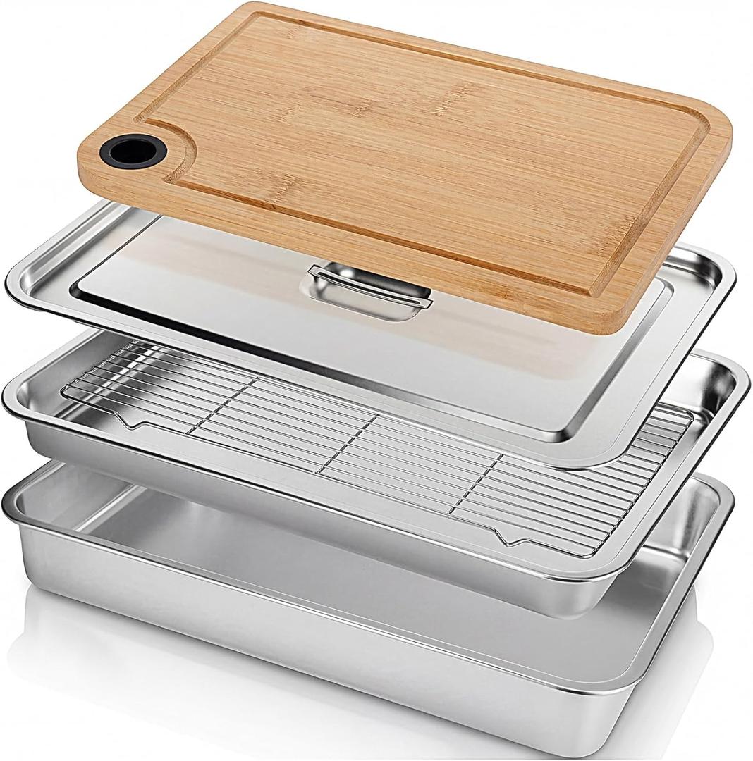 Gisafai 20 x 14 Inch Large Grilling Prep and Serve Trays 5-in-1, Stainless Steel Food Prep Tray Set Grill Carry System Marinade Container with Lid Cooling Rack Gifts for Outdoor BBQ Accessories
