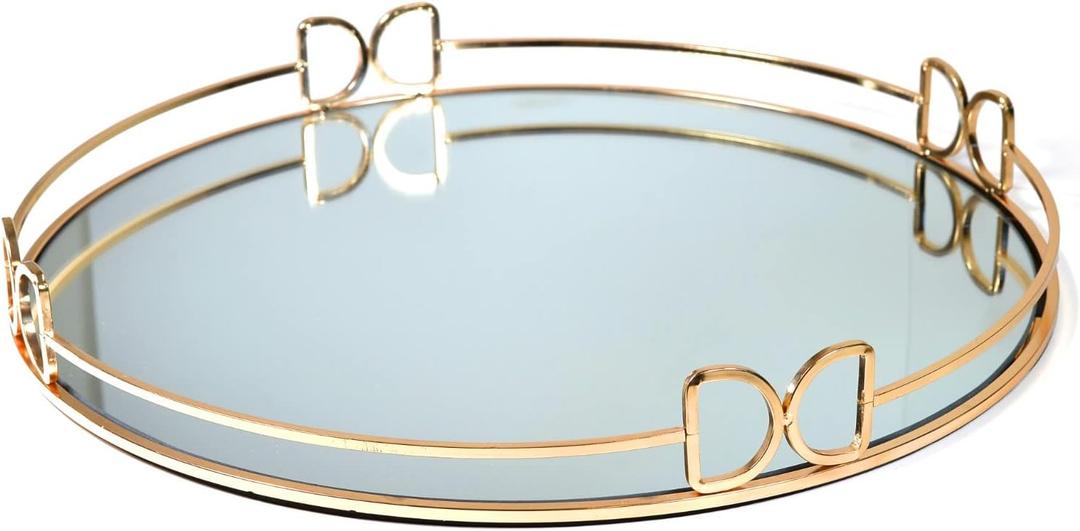 Decorative Tray Metal Mirrored Round Serving Trays with Butterfly Handles Perfume Jewelry Trinket Organizer for Bathroom Vanity Home Dcor (Gold, 16")