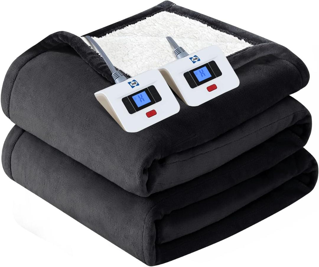 Sealy Electric Blanket King Size, Flannel & Sherpa Heated Blanket with 10 Heating Levels & 112 Hours Auto Shut Off, Fast Heating Blanket, Machine Washable, Grey, 100 x 90 Inch
