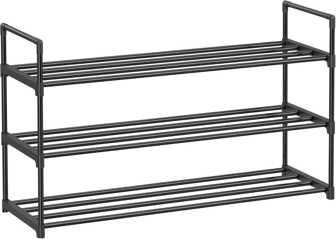 SONGMICS Shoe Rack, 3-Tier Shoe Storage Organizer, Metal Shoe Shelf, 12 to 15 Pairs Shoes, Stackable Shoe Tower for Living Room, Entryway, Hallway, Closet, Black ULSA13BK
