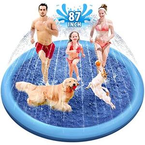 Raxurt Dog Splash Pad, 87 in Anti-Slip Dog Pool Splash Pad for Dogs Kids 0.55mm Thickened Durable Bath Pool Pet Summer Outdoor Water Toys Backyard Fountain Play Mat, Blue