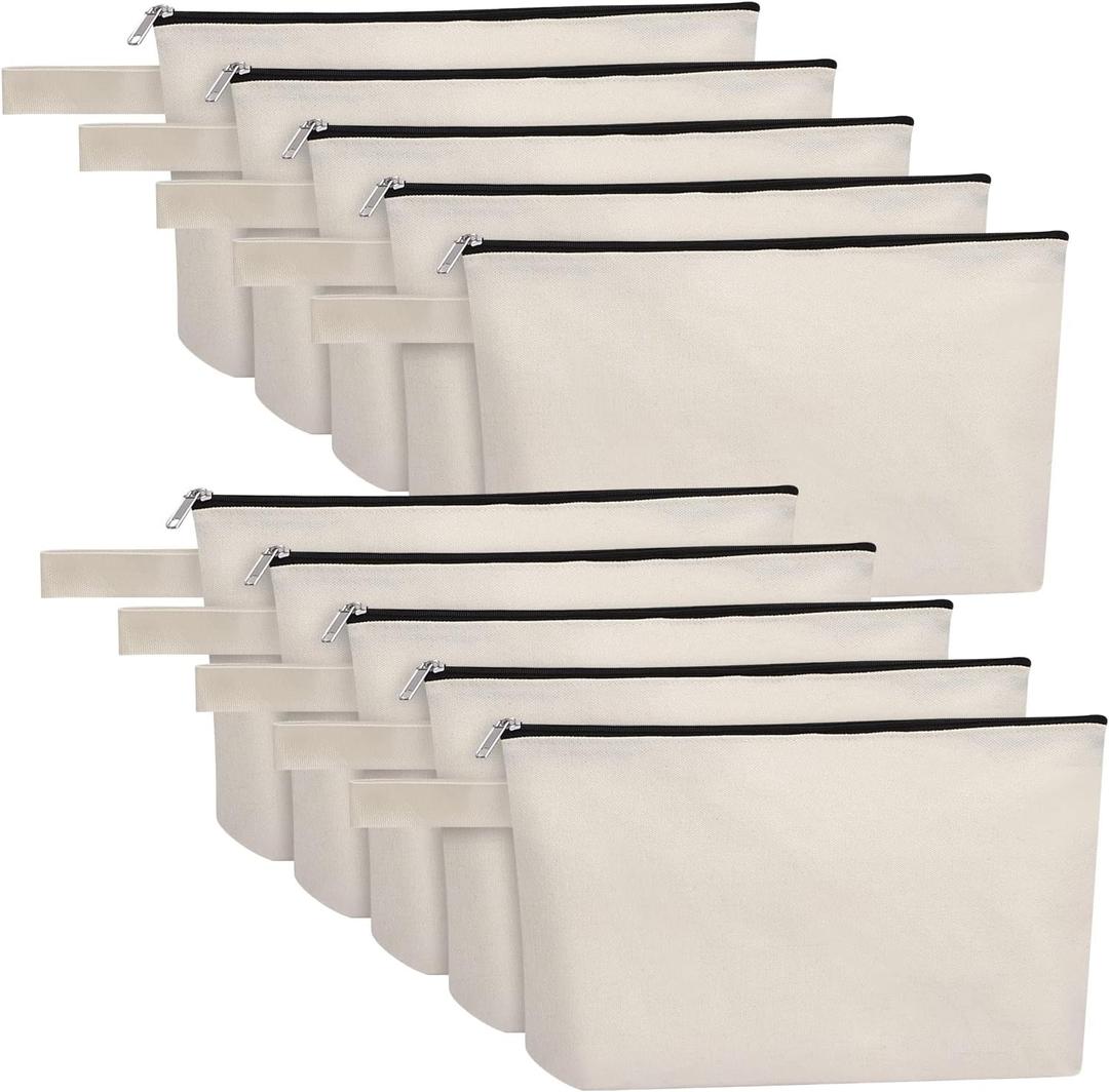 10 Pieces Cotton Canvas Makeup Bag with Bottom, Multi-Purpose Cosmetic Bag with Zipper Travel Toiletry Pouch, Blank DIY Craft Bag Pencil Bag (M, White), MN-WB07